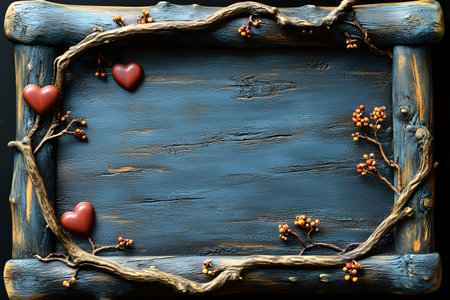 Rustic wooden frame adorned with a natural vine, red hearts, and clusters of berries, perfect for holiday decor or greeting card design. the weathered blue wood and organic elements create a cozy, charming atmosphere. Generative AIの素材