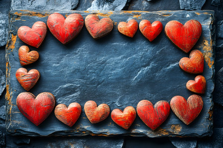 A collection of red wooden hearts arranged in a rectangular frame on a textured slate stone backdrop, ideal for romantic or valentine's day themes. the contrast of wood and stone adds a rustic touch to the composition. Generative AIの素材