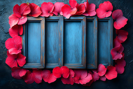Rustic blue wooden frame surrounded by vibrant red petals creates a striking contrast. set against a textured dark background, this composition blends elegance and boldness for an artistic floral display. Generative AIの素材