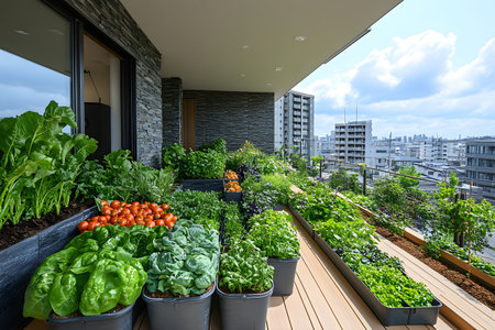 Urban rooftop garden featuring a variety of lush vegetables like tomatoes and lettuce in a modern city apartment. surrounded by city buildings, this sustainable green space provides fresh produce and a serene outdoor retreat. Generative AIの素材