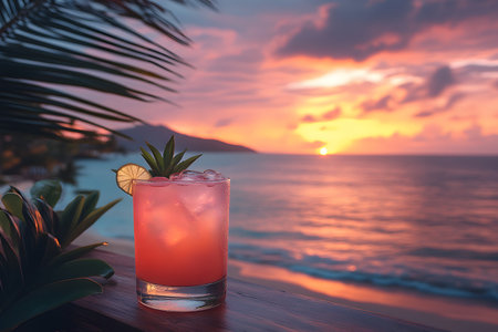 A refreshing tropical cocktail adorned with pineapple and a lime slice sits on a beachfront railing. the vibrant sunset illuminates the ocean and distant mountains, setting a serene summer vacation scene. Generative AIの素材