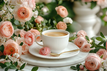 A vintage white tea cup with a frothy coffee rests on a saucer, surrounded by lush pink ranunculus flowers. a delicate gold teaspoon adds a touch of elegance, creating a serene and sophisticated scene. Generative AIの素材
