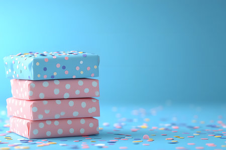 Four pastel-colored gift boxes with polka dot wrapping are stacked against a light blue backdrop. colorful confetti is scattered around, adding a festive touch to the composition. Generative AIの素材