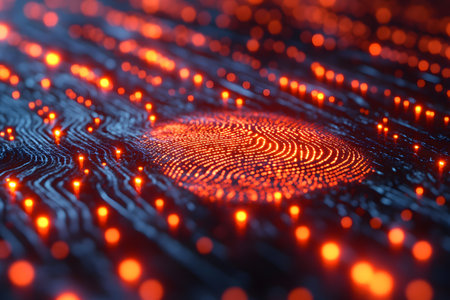 A glowing fingerprint illuminates a digital circuitry background, symbolizing advanced technology and cybersecurity. the intricate pattern highlights the intersection of biometrics and innovation in digital security. Generative AIの素材