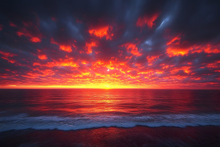 A breathtaking sunset over the ocean features dramatic, fiery clouds reflecting vibrant hues onto calm waves. ideal for themes of tranquility, nature's beauty, and relaxation. suitable for posters and calming artwork. Generative AIの素材