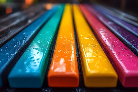 Vibrant colored rectangular objects arranged in a row, covered with water droplets. against a blurred background, this colorful scene is perfect for artistic design projects, presentations, and creative concepts. Generative AIの素材