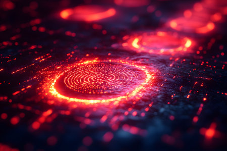 A striking close-up of a digital circuit board with a mesmerizing red glow, illustrating the concept of futuristic technology and innovation. ideal for tech designs, backgrounds, or educational purposes. Generative AIの素材
