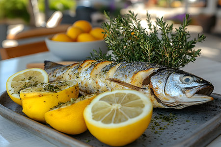 Grilled fish seasoned with fresh herbs and lemon slices is presented on a rustic platter. a bowl of lemons in the background adds a vibrant touch, embodying a taste of summer and elegance in al fresco dining. Generative AIの素材