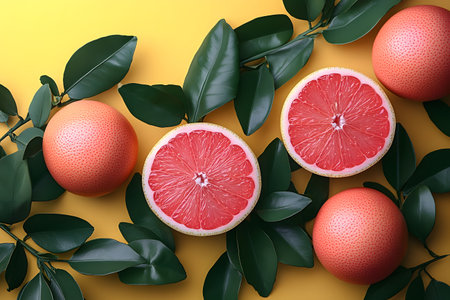Sliced grapefruits and whole fruits accompanied by lush green leaves are artistically arranged against a vivid yellow backdrop. this lively composition emphasizes freshness and vitality, ideal for kitchen art or healthy lifestyle promotions. Generative AIの素材
