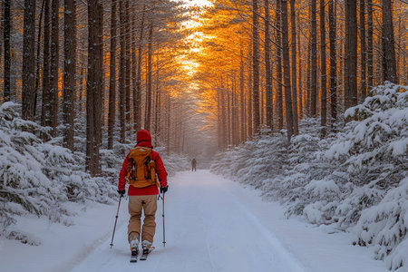 A serene winter landscape featuring a couple skiing through a snow-covered forest path during sunrise. the golden light filters through the trees, creating a warm contrast against the frosty surroundings. Generative AIの素材