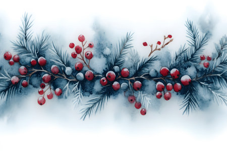 Watercolor illustration featuring vibrant red berries and lush pine branches against a snowy backdrop. perfect for winter holiday decor, greeting cards, or festive invitations, embodying the spirit of the season. Generative AIの素材