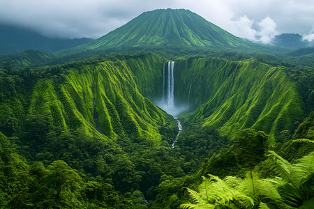 A breathtaking waterfall cascades into a verdant valley, surrounded by lush greenery and tropical foliage. in the background, a majestic volcanic mountain stands tall under a dramatic, cloudy sky, epitomizing nature's beauty. Generative AIの素材
