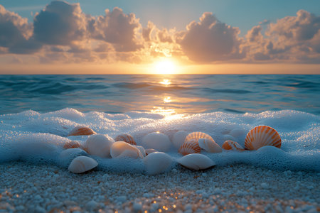 Tranquil seaside scene featuring scattered seashells on a sandy beach with gentle ocean waves. the setting sun casts a warm glow, creating a peaceful atmosphere suitable for themes of relaxation and nature's beauty. Generative AIの素材