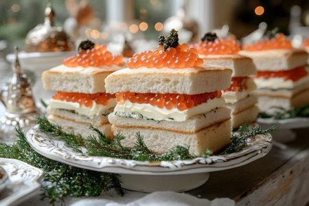 Elegant finger sandwiches featuring layers of cream cheese and vibrant salmon caviar, served on a decorative plate. ideal for upscale gatherings and holiday celebrations, adorned with festive greenery for a sophisticated touch. Generative AIの素材