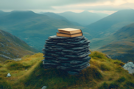 A peaceful mountain landscape featuring a stack of books placed atop a stone cairn, set against rolling hills and a misty horizon. this serene scene essence of solitude, adventure, and the harmony between nature and literature. Generative AIの素材
