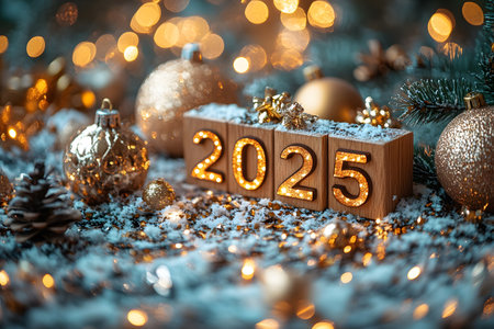 Festive holiday scene celebrating 2025, featuring wooden blocks with '2025' illuminated by warm lights. surrounded by golden ornaments, pinecones, and snow-tipped evergreen branches, creating a warm, seasonal ambiance. Generative AIの素材