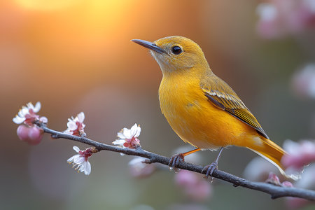 A vivid bird perches on a cherry blossom branch, set against a warm, glowing sunset. the scene highlights the delicate beauty of springtime, capturing the harmonious blend of wildlife and nature in vibrant colors. Generative AIの素材