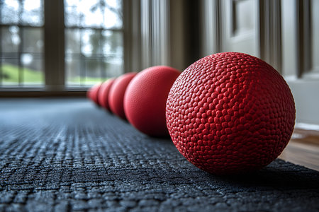 Textured red dodgeballs arranged in a perfect line on a black mat in a brightly lit gymnasium. the blurred background showcases large windows with outdoor greenery, creating an inviting and energetic atmosphere. Generative AIの素材