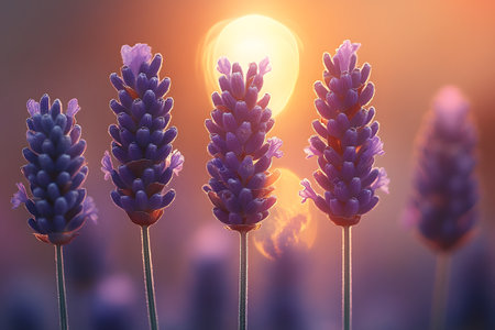 Lavender flowers stand elegantly against a backdrop of a glowing sunset, exuding tranquility. the warm, golden light enhances the natural beauty and calming presence of the purple blossoms, perfect for nature-inspired designs. Generative AIの素材