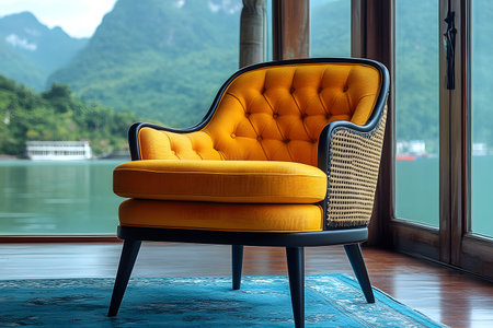 A stylish yellow armchair with tufted upholstery sits by a large window, offering a serene view of a picturesque lake and lush mountains. the cozy indoor setting combines elegance and relaxation, perfect for peaceful retreats. Generative AIの素材