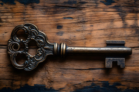 A detailed view of a vintage ornate key resting on a textured rustic wooden surface. the intricate design of the key suggests historical significance, evoking themes of mystery and unlocked secrets. Generative AIの素材