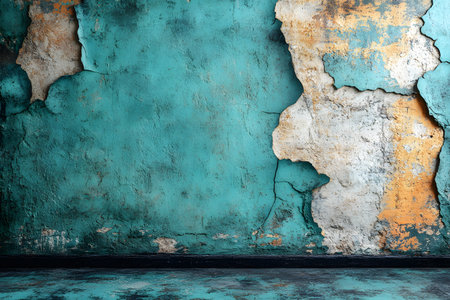 Rustic walls with peeling teal and orange paint create a textured, aged appearance ideal for artistic backgrounds, interior design concepts, and vintage-themed projects emphasizing decay and color contrast. Generative AIの素材