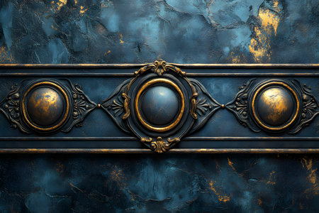 Ornate baroque-style frame featuring intricate gold detailing against a textured dark blue background, conveying an opulent and classic aesthetic. ideal for use in elegant interior design or classical art themes. Generative AIの素材