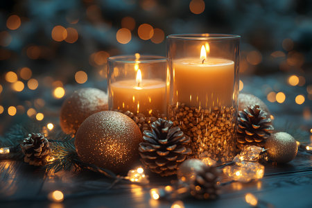 Warm candlelight illuminates festive decorations, featuring golden ornaments and pine cones on a wooden surface, set against a bokeh backdrop. ideal for holiday cards and winter season design projects. Generative AIの素材