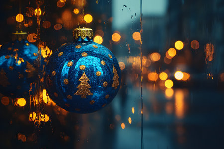 A vibrant blue christmas bauble adorned with golden tree patterns reflects city lights. the festive ornament is set against a backdrop of blurred, glowing bokeh, creating a warm holiday ambiance. Generative AIの素材