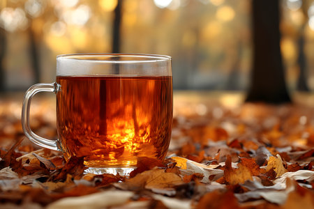 A clear glass cup filled with amber tea rests on a bed of colorful autumn leaves in a forest. sunlight filters through the trees, creating a warm, cozy atmosphere, the rich hues of fall foliage. Generative AIの素材