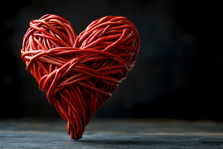 Artistic heart-shaped sculpture crafted from red rattan, ideal for valentine's day themes, romantic settings, or artistic decor. the woven texture and deep red hue offer a rustic yet elegant accent. Generative AIの素材