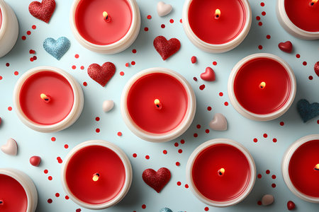 A top-down view of red candles arranged on a light blue surface, surrounded by red and blue glitter hearts, and scattered decorative elements, creating a romantic valentine's day atmosphere. Generative AIの素材