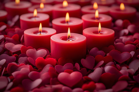 Red candles surrounded by heart-shaped decorations create an intimate and romantic ambiance, ideal for valentine's day celebrations, romantic dinners, or cozy home decor. the warm glow enhances the romance conveyed by the heart motifs. Generative AIの素材