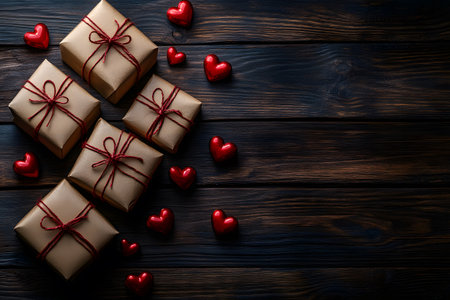 A collection of beautifully wrapped gift boxes adorned with red twine sits elegantly on a dark wooden surface. scattered red hearts add a touch of romance, making the scene perfect for valentine's day or special celebrations. Generative AIの素材