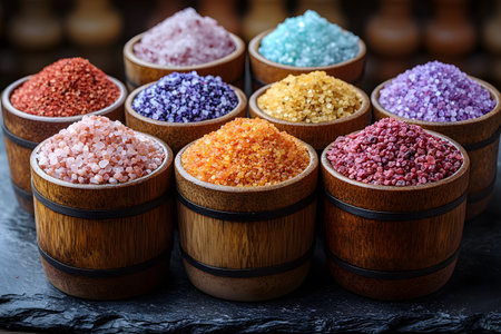 A colorful array of gourmet salts neatly displayed in wooden bowls on a stone surface. each bowl contains differently colored salts, offering a sensory delight. ideal for culinary inspiration or spa therapy themes. Generative AIの素材