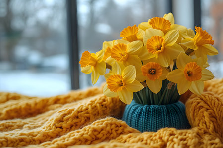 A vibrant arrangement of yellow daffodils in a knitted vase brings a touch of spring to a cozy indoor setting. the soft, textured yellow blanket complements the flowers, while a snowy landscape is visible through the large window, creating a contrast between warmth and cold. Generative AIの素材