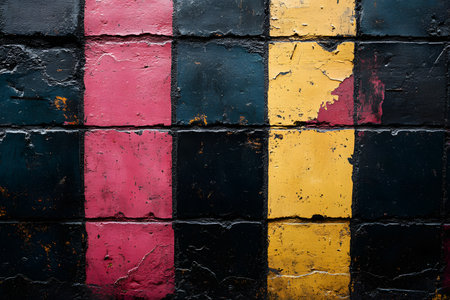 A vivid urban wall features distressed rectangular blocks in deep red, black, and yellow, showcasing a gritty, textured surface. ideal for backgrounds, urban art themes, or abstract design projects. Generative AIの素材