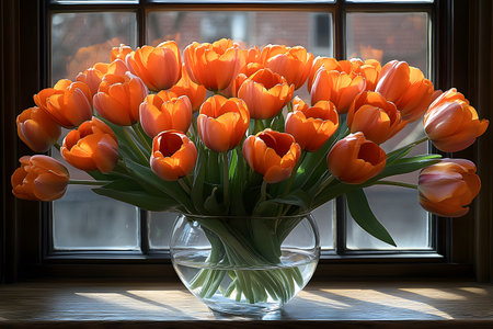 A stunning arrangement of vibrant orange tulips in a clear glass vase, illuminated by warm sunlight. the flowers are elegantly displayed on a wooden windowsill, creating a serene and inviting atmosphere, perfect for home decor or special occasions. Generative AIの素材