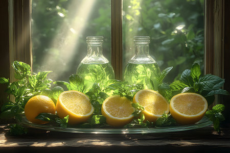 A sunlight-dappled scene showcases fresh lemons and mint leaves arranged on a wooden table. behind the vibrant fruits and herbs, glass bottles filled with green liquid sit on a window sill, surrounded by lush greenery. Generative AIの素材