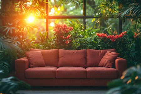 A cozy red sofa is set against a backdrop of lush green plants in a bright indoor space. sunlight streams through large windows, creating a warm, inviting atmosphere perfect for relaxation and contemplation. Generative AIの素材