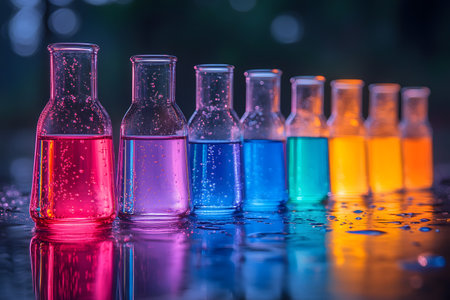 A vibrant display of laboratory vials filled with colorful liquids arranged in a row. each vial showcases a different color, creating a visually striking gradient effect. the reflective surface enhances the luminous quality of the light, adding to the scientific intrigue and aesthetic appeal of the scene. Generative AIの素材