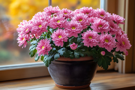 Pink chrysanthemums bloom vibrantly in a pot by a sunlit window, with an autumn backdrop. their lush petals and foliage bring warmth and a touch of nature indoors, perfect for seasonal decor or adding a serene ambiance. Generative AIの素材