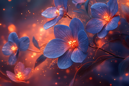 Ethereal flowers in vivid purples and blues glow against a fiery orange backdrop, creating a mystical and enchanting atmosphere. dewdrops on petals add a touch of realism, enhancing the surreal fantasy setting. Generative AIの素材