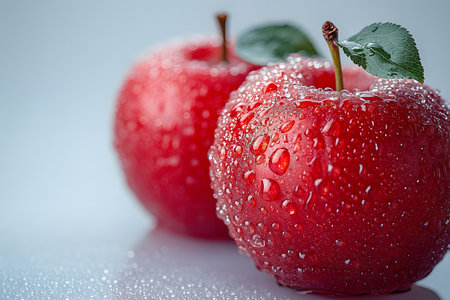 Close-up of two vibrant red apples covered in glistening water droplets against a soft, blurred background. the apples appear fresh and juicy, with green leaves accentuating their natural appeal, ideal for health and nutrition themes. Generative AIの素材