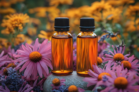 Two amber essential oil bottles surrounded by a lush array of vivid wildflowers, including pink daisies, create a serene and natural setting ideal for aromatherapy, wellness, or eco-friendly product promotions. Generative AIの素材