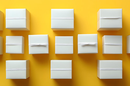 White gift boxes arranged uniformly against a bright yellow backdrop create a striking contrast and modern aesthetic. the minimalist composition and vivid color make it ideal for themes of celebration, gifting, and design. Generative AIの素材