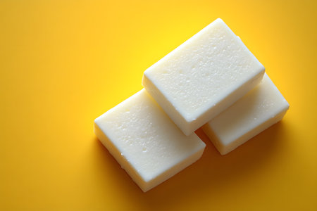 Three white soap bars neatly arranged on a bold yellow background, their texture and simplicity. the image focuses on cleanliness, minimalism, and modern skincare aesthetics, ideal for beauty and wellness concepts. Generative AIの素材
