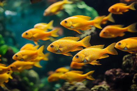 A captivating underwater scene featuring a school of vibrant golden fish swimming gracefully in a lush, colorful aquarium. the clear water and natural lighting highlight their shimmering scales and harmonious movement. Generative AIの素材
