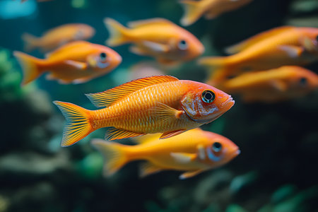 Vibrant orange fish gracefully swim in a serene underwater environment, showcasing their vivid colors against a blurred aquatic background. the scene highlights the beauty and tranquility of marine life in its natural habitat. Generative AIの素材