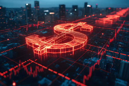Illuminated dollar sign over a city skyline, symbolizing digital finance and economic exchange. represents themes like technology and the stock market with a futuristic city backdrop. Generative AIの素材